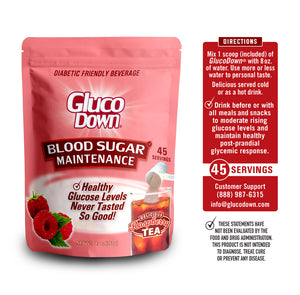 GLUCODOWN® Diabetic Friendly Beverage, Maintain Healthy Blood Sugar, Delicious Raspberry Tea (45-Servings)